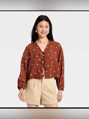 A New Day Women's Balloon Long Sleeve Tie-Front Blouse Brown Polka